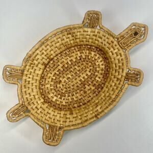 Vtg Coiled Wicker Turtle Tray Basket Rattan 8.5x13.5” Woven Trinket Boho Natural